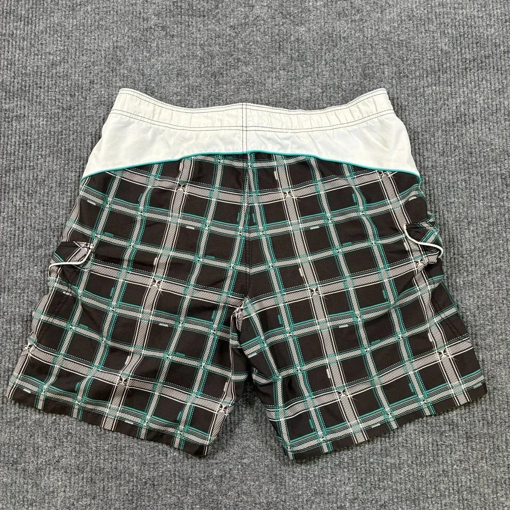 Joe Boxer Mens Swim Shorts Size XL Plaid Black Teal Drawstring Lined‎ Pockets
